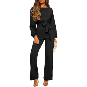 imageHappy Sailed Womens Dressy Jumpsuits Long Sleeve Belted Wide Leg Pant Romper Jumpsuit Wedding Guest OutfitsBlack
