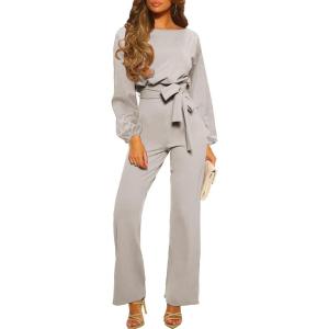 imageHappy Sailed Womens Dressy Jumpsuits Long Sleeve Belted Wide Leg Pant Romper Jumpsuit Wedding Guest OutfitsGray