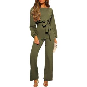 imageHappy Sailed Womens Dressy Jumpsuits Long Sleeve Belted Wide Leg Pant Romper Jumpsuit Wedding Guest OutfitsGreen