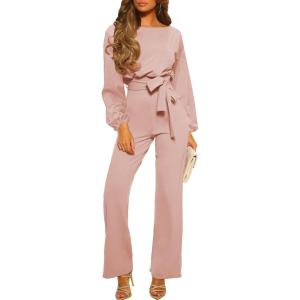 imageHappy Sailed Womens Dressy Jumpsuits Long Sleeve Belted Wide Leg Pant Romper Jumpsuit Wedding Guest OutfitsPink