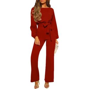 imageHappy Sailed Womens Dressy Jumpsuits Long Sleeve Belted Wide Leg Pant Romper Jumpsuit Wedding Guest OutfitsRed