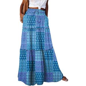 imageHappy Sailed Womens Floral Print Boho Maxi Skirt Elastic High Waist Pleated Ruffle Flowy Long Skirts SXLPrint Blue