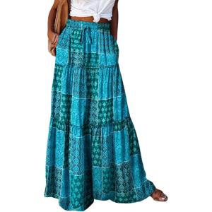 imageHappy Sailed Womens Floral Print Boho Maxi Skirt Elastic High Waist Pleated Ruffle Flowy Long Skirts SXLPrint Green
