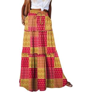 imageHappy Sailed Womens Floral Print Boho Maxi Skirt Elastic High Waist Pleated Ruffle Flowy Long Skirts SXLPrint Orange