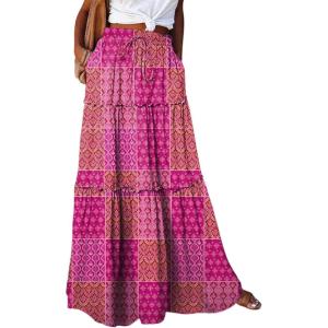imageHappy Sailed Womens Floral Print Boho Maxi Skirt Elastic High Waist Pleated Ruffle Flowy Long Skirts SXLPrint Purple