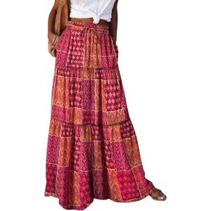 imageHappy Sailed Womens Floral Print Boho Maxi Skirt Elastic High Waist Pleated Ruffle Flowy Long Skirts SXLPrint Red