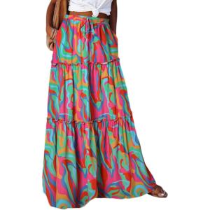 imageHappy Sailed Womens Floral Print Boho Maxi Skirt Elastic High Waist Pleated Ruffle Flowy Long Skirts SXLPrinted Abstract