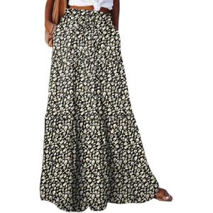 imageHappy Sailed Womens Floral Print Boho Maxi Skirt Elastic High Waist Pleated Ruffle Flowy Long Skirts SXLPrinted Black