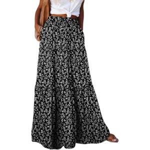 imageHappy Sailed Womens Floral Print Boho Maxi Skirt Elastic High Waist Pleated Ruffle Flowy Long Skirts SXLPrinted Floral Black