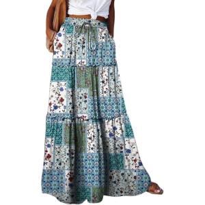 imageHappy Sailed Womens Floral Print Boho Maxi Skirt Elastic High Waist Pleated Ruffle Flowy Long Skirts SXLPrinted Multicolor Green 1