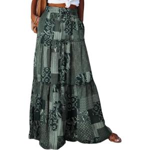 imageHappy Sailed Womens Floral Print Boho Maxi Skirt Elastic High Waist Pleated Ruffle Flowy Long Skirts SXLPrinted Multicolor Green