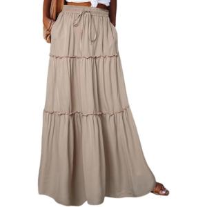 imageHappy Sailed Womens Floral Print Boho Maxi Skirt Elastic High Waist Pleated Ruffle Flowy Long Skirts SXLSolid Apricot Pocket