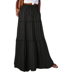imageHappy Sailed Womens Floral Print Boho Maxi Skirt Elastic High Waist Pleated Ruffle Flowy Long Skirts SXLSolid Black Pocket
