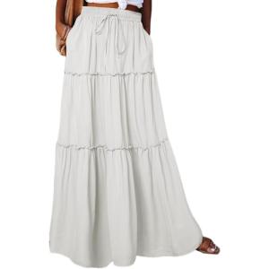 imageHappy Sailed Womens Floral Print Boho Maxi Skirt Elastic High Waist Pleated Ruffle Flowy Long Skirts SXLSolid White Pocket
