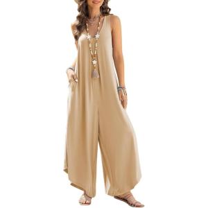 imageHappy Sailed Womens Jumpsuits Loose Overalls Summer Sleeveless Ruched V Neck Flared Wide Leg Pants Rompers with PocketsApricot