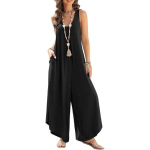 imageHappy Sailed Womens Jumpsuits Loose Overalls Summer Sleeveless Ruched V Neck Flared Wide Leg Pants Rompers with PocketsBlack