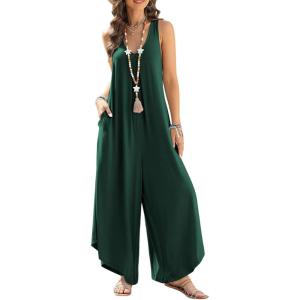 imageHappy Sailed Womens Jumpsuits Loose Overalls Summer Sleeveless Ruched V Neck Flared Wide Leg Pants Rompers with PocketsBlackish Green
