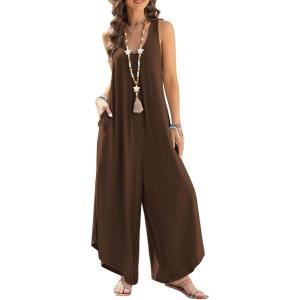 imageHappy Sailed Womens Jumpsuits Loose Overalls Summer Sleeveless Ruched V Neck Flared Wide Leg Pants Rompers with PocketsBrown