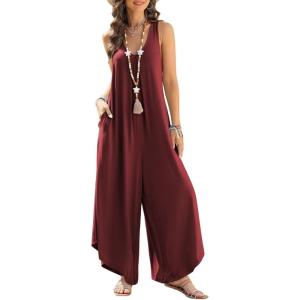 imageHappy Sailed Womens Jumpsuits Loose Overalls Summer Sleeveless Ruched V Neck Flared Wide Leg Pants Rompers with PocketsBurgundy