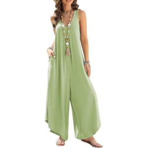 imageHappy Sailed Womens Jumpsuits Loose Overalls Summer Sleeveless Ruched V Neck Flared Wide Leg Pants Rompers with PocketsGrass Green