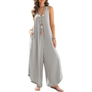 imageHappy Sailed Womens Jumpsuits Loose Overalls Summer Sleeveless Ruched V Neck Flared Wide Leg Pants Rompers with PocketsLight Grey
