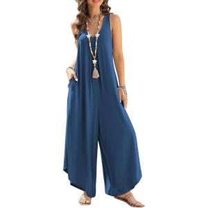 imageHappy Sailed Womens Jumpsuits Loose Overalls Summer Sleeveless Ruched V Neck Flared Wide Leg Pants Rompers with PocketsSail Blue