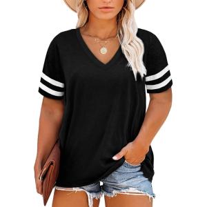imageHappy Sailed Womens Plus Size Tunic Tops Summer Short Sleeve V Neck Striped Loose Casual Tee Shirt1X5XA Black