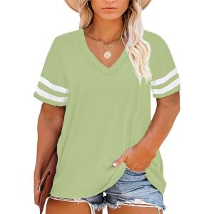 imageHappy Sailed Womens Plus Size Tunic Tops Summer Short Sleeve V Neck Striped Loose Casual Tee Shirt1X5XA Green 109