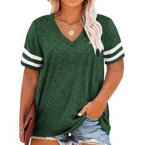 imageHappy Sailed Womens Plus Size Tunic Tops Summer Short Sleeve V Neck Striped Loose Casual Tee Shirt1X5XA Green