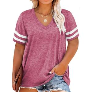 imageHappy Sailed Womens Plus Size Tunic Tops Summer Short Sleeve V Neck Striped Loose Casual Tee Shirt1X5XA Pink