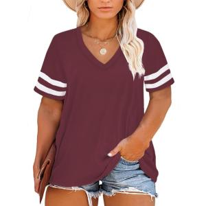 imageHappy Sailed Womens Plus Size Tunic Tops Summer Short Sleeve V Neck Striped Loose Casual Tee Shirt1X5XA Red