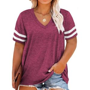 imageHappy Sailed Womens Plus Size Tunic Tops Summer Short Sleeve V Neck Striped Loose Casual Tee Shirt1X5XA Rose