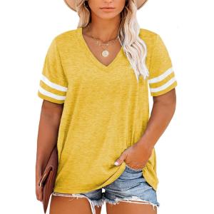 imageHappy Sailed Womens Plus Size Tunic Tops Summer Short Sleeve V Neck Striped Loose Casual Tee Shirt1X5XA Yellow