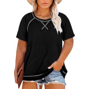 imageHappy Sailed Womens Plus Size Tunic Tops Summer Short Sleeve V Neck Striped Loose Casual Tee Shirt1X5XB Black