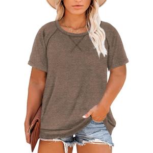 imageHappy Sailed Womens Plus Size Tunic Tops Summer Short Sleeve V Neck Striped Loose Casual Tee Shirt1X5XB Brown