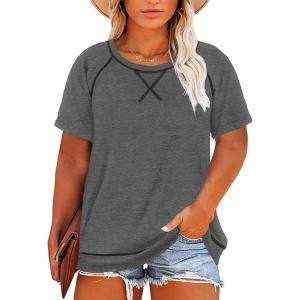 imageHappy Sailed Womens Plus Size Tunic Tops Summer Short Sleeve V Neck Striped Loose Casual Tee Shirt1X5XB Gray