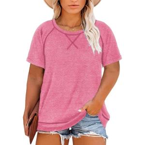imageHappy Sailed Womens Plus Size Tunic Tops Summer Short Sleeve V Neck Striped Loose Casual Tee Shirt1X5XB Pink