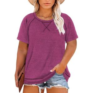 imageHappy Sailed Womens Plus Size Tunic Tops Summer Short Sleeve V Neck Striped Loose Casual Tee Shirt1X5XB Purple