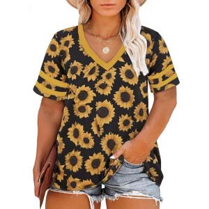 imageHappy Sailed Womens Plus Size Tunic Tops Summer Short Sleeve V Neck Striped Loose Casual Tee Shirt1X5XC Yellow
