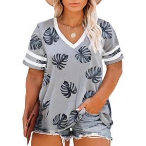 imageHappy Sailed Womens Plus Size Tunic Tops Summer Short Sleeve V Neck Striped Loose Casual Tee Shirt1X5XC1 Gray