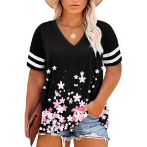 imageHappy Sailed Womens Plus Size Tunic Tops Summer Short Sleeve V Neck Striped Loose Casual Tee Shirt1X5XD Black 602