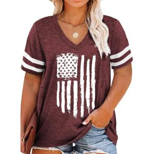imageHappy Sailed Womens Plus Size Tunic Tops Summer Short Sleeve V Neck Striped Loose Casual Tee Shirt1X5XD Red