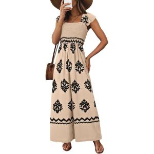 imageHappy Sailed Womens Summer Jumpsuits Printed Square Neck High Waisted Pockets Wide Leg Rompers Beach Fashion Vacation OutfitsApricot