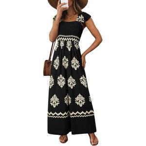 imageHappy Sailed Womens Summer Jumpsuits Printed Square Neck High Waisted Pockets Wide Leg Rompers Beach Fashion Vacation OutfitsBlack