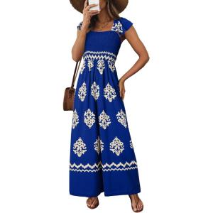 imageHappy Sailed Womens Summer Jumpsuits Printed Square Neck High Waisted Pockets Wide Leg Rompers Beach Fashion Vacation OutfitsBlue