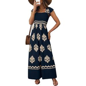 imageHappy Sailed Womens Summer Jumpsuits Printed Square Neck High Waisted Pockets Wide Leg Rompers Beach Fashion Vacation OutfitsDark Blue