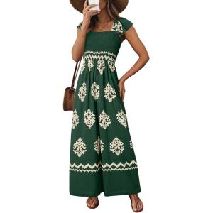 imageHappy Sailed Womens Summer Jumpsuits Printed Square Neck High Waisted Pockets Wide Leg Rompers Beach Fashion Vacation OutfitsDark Green