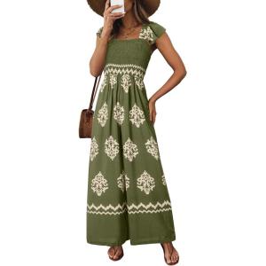 imageHappy Sailed Womens Summer Jumpsuits Printed Square Neck High Waisted Pockets Wide Leg Rompers Beach Fashion Vacation OutfitsGreen