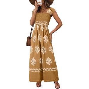 imageHappy Sailed Womens Summer Jumpsuits Printed Square Neck High Waisted Pockets Wide Leg Rompers Beach Fashion Vacation OutfitsKhaki