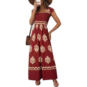 imageHappy Sailed Womens Summer Jumpsuits Printed Square Neck High Waisted Pockets Wide Leg Rompers Beach Fashion Vacation OutfitsRed